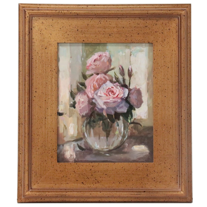 Adam Deda Oil Painting "Still Life: Vase with Pink Roses," 2021