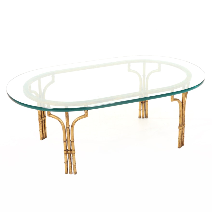Faux Bamboo Gilt-Metal and Glass Top Oval Coffee Table, Mid-20th Century