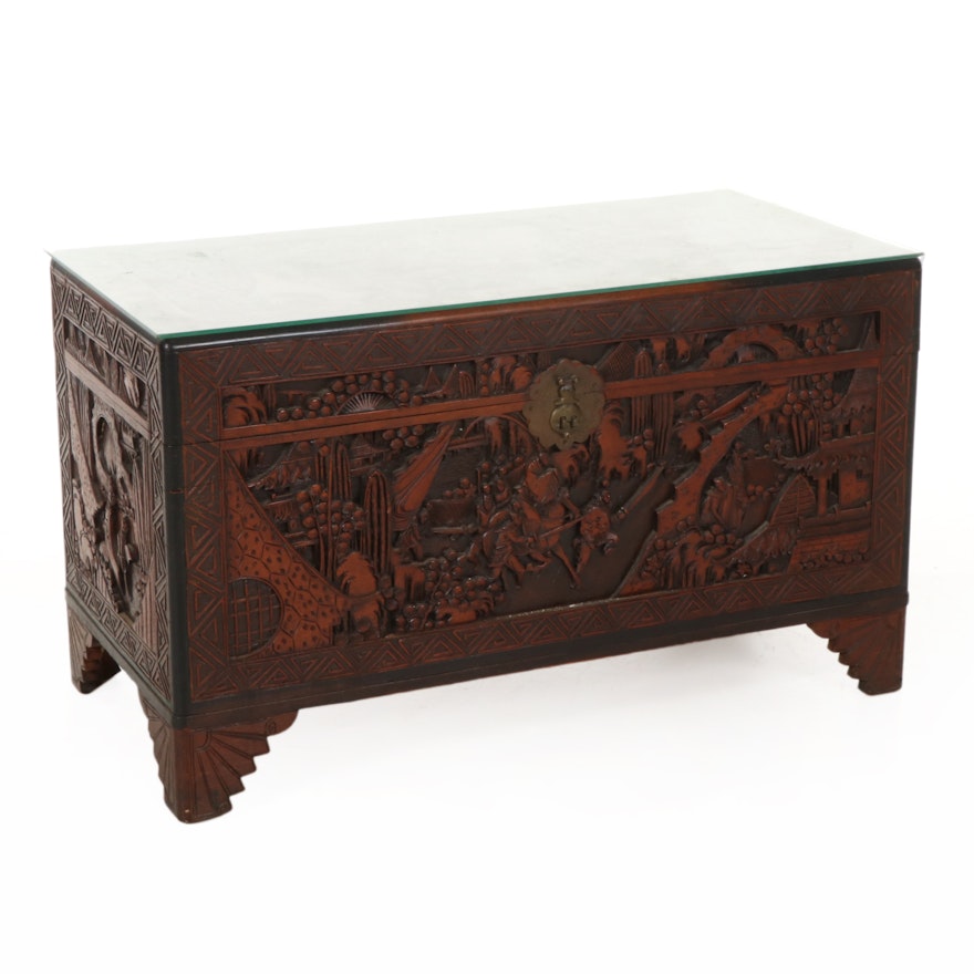 Asian Carved Rosewood Chest, Mid-20th Century
