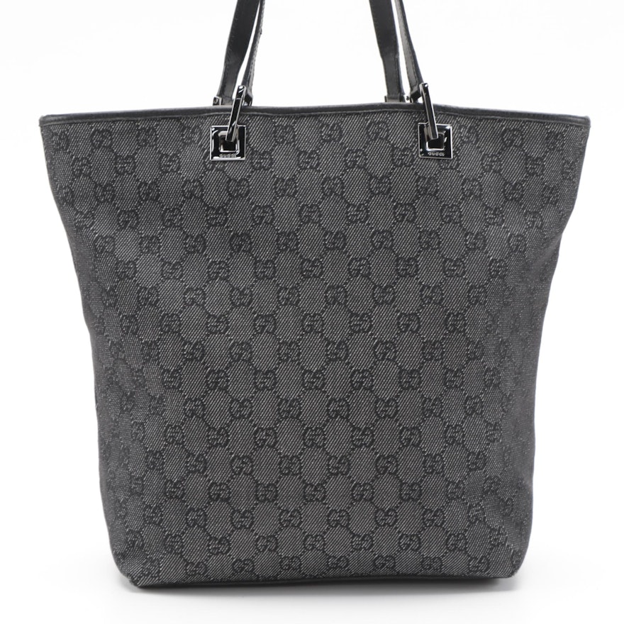 Gucci Tote Bag in Gray and Black GG Canvas with Leather Trim