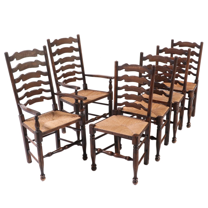 Oak Ladder Back Rush Seat Dining Chairs, Early 20th Century