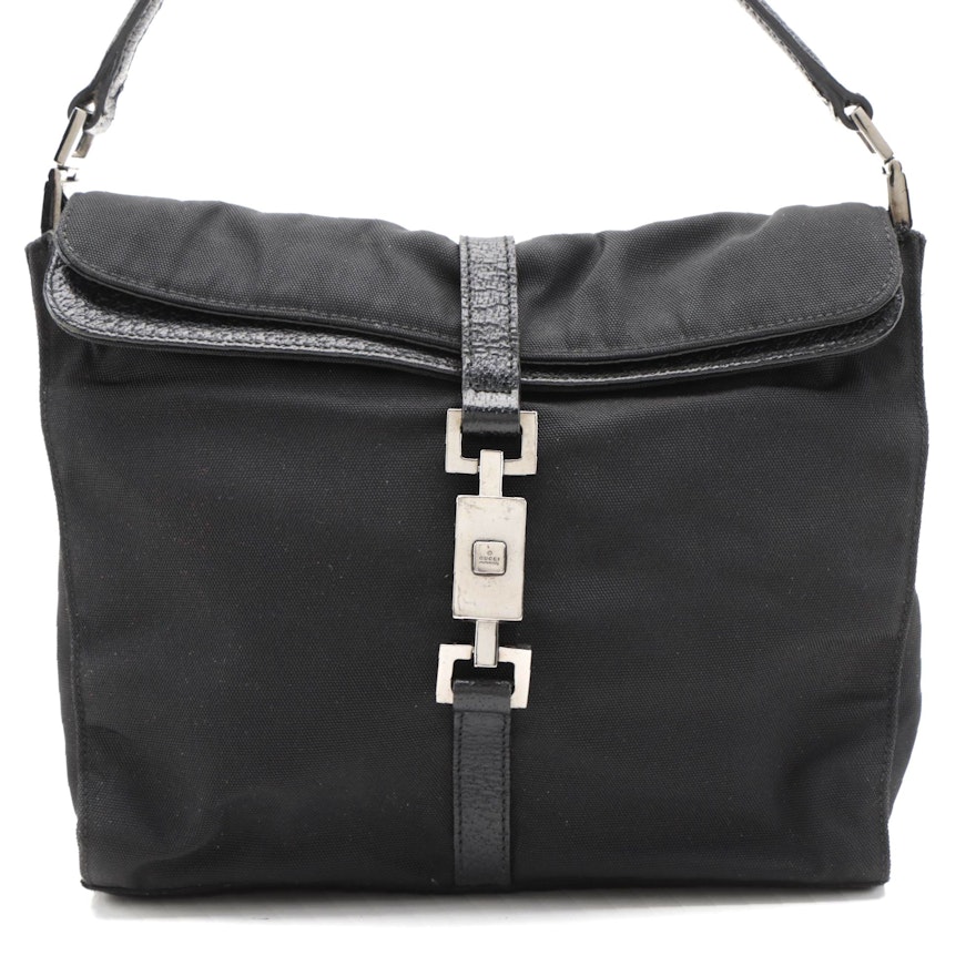 Gucci Shoulder Bag in Black Nylon with Leather Trim