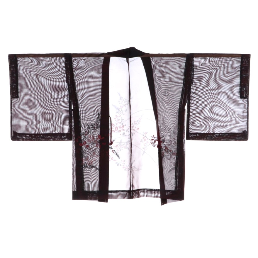 Wisteria and Bush Clover Embroidered Sheer Natsu Haori with Himo, Shōwa Period