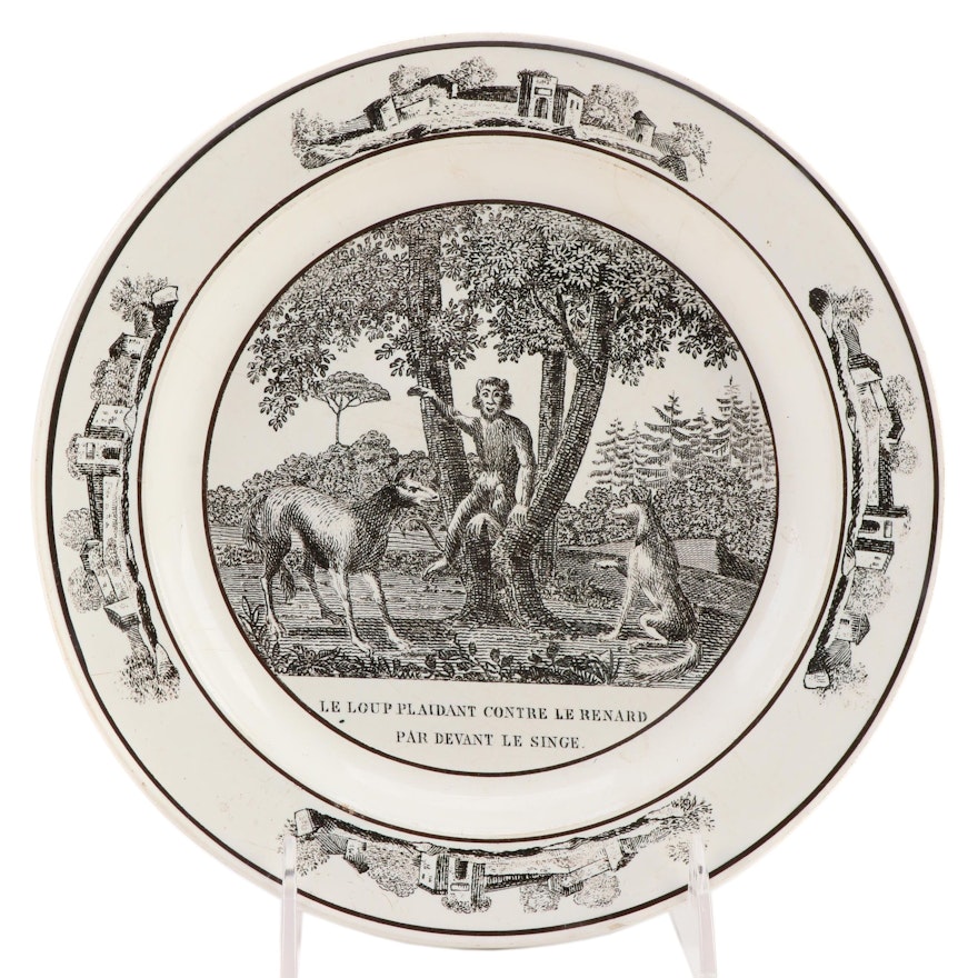 French Black Transferware Ceramic "Le Loup Plaidant Contre Le Renard" Plate