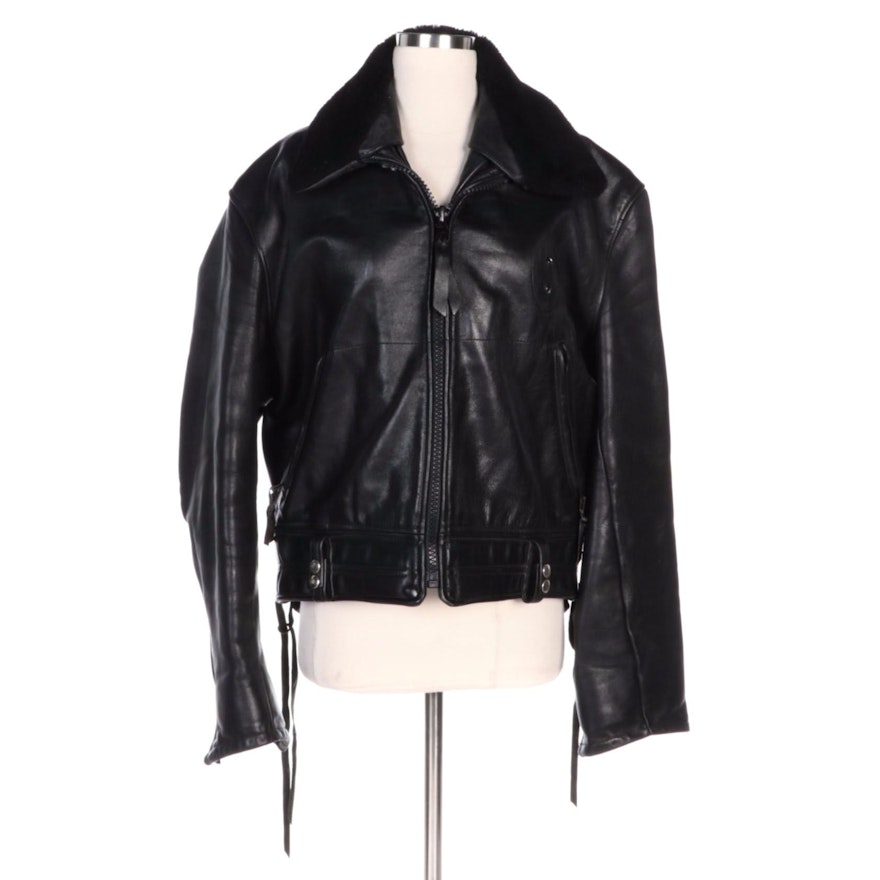 Men's Custom Made Black Leather Jacket with Removable Wool Collar