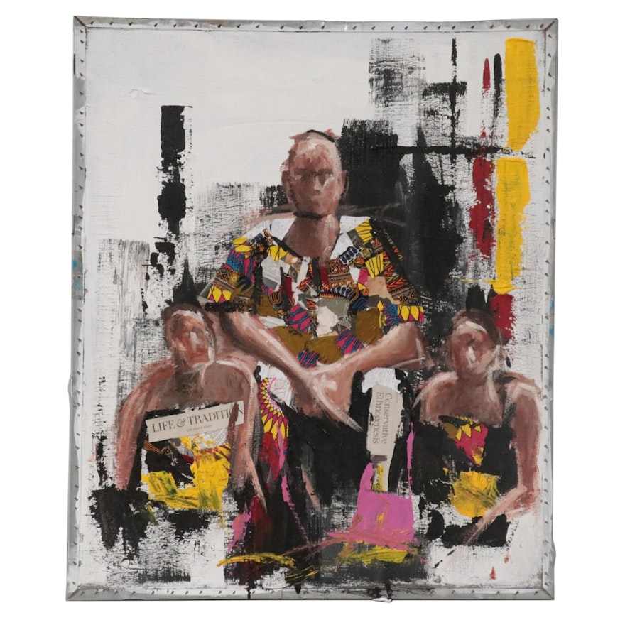 Stephen Aifegha Mixed Media Painting of Three Figures, 2021