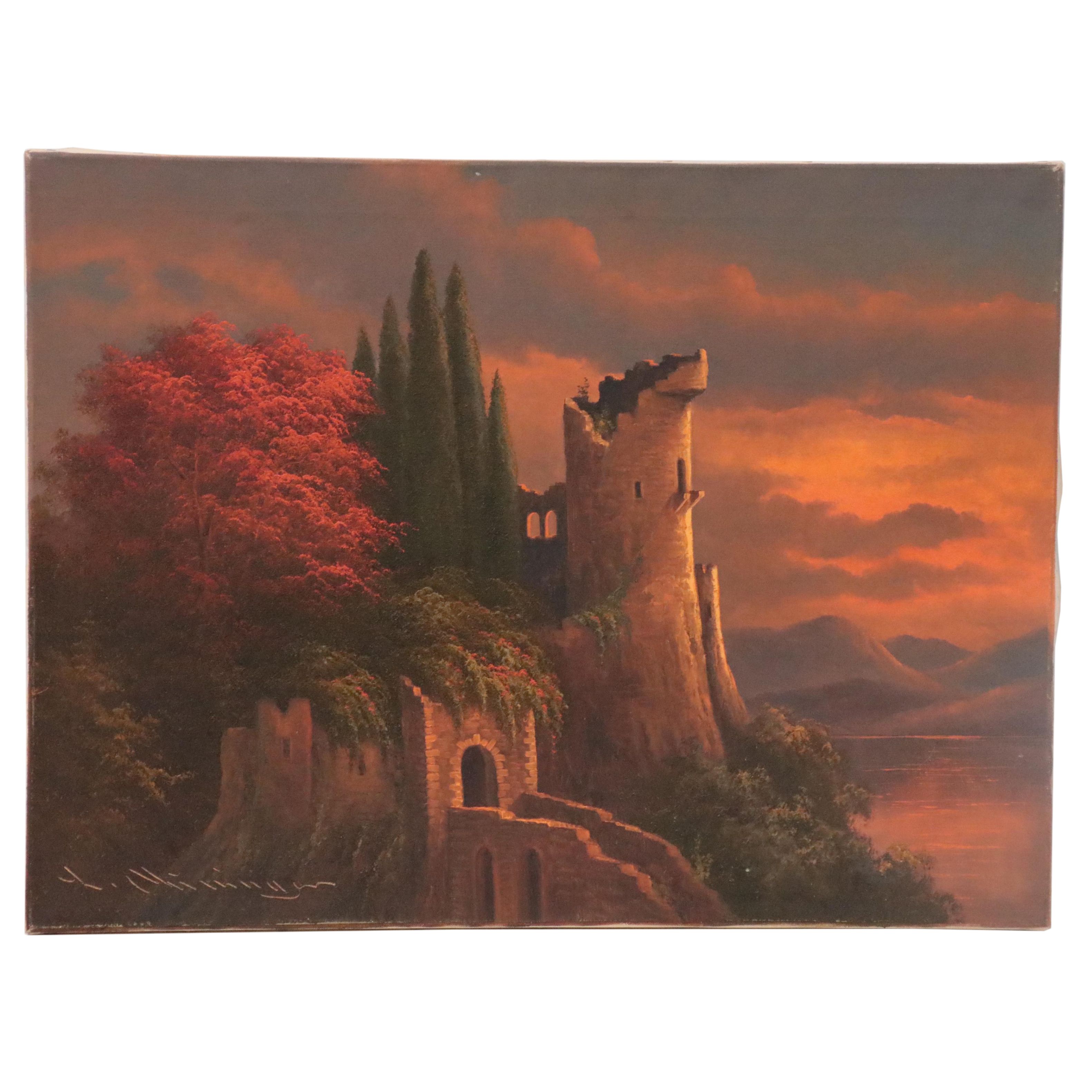 Ludwig Muninger Oil Painting "Old Castle Ruins on the Rhine"