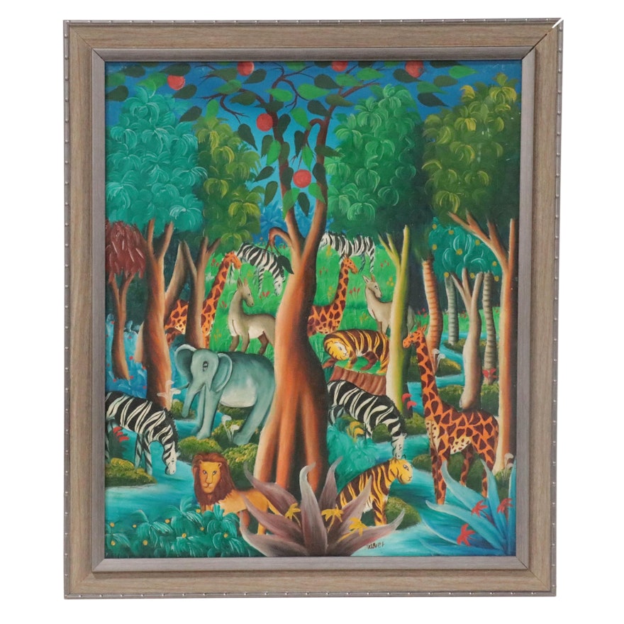 Folk Art Oil Painting of Tree and Animals