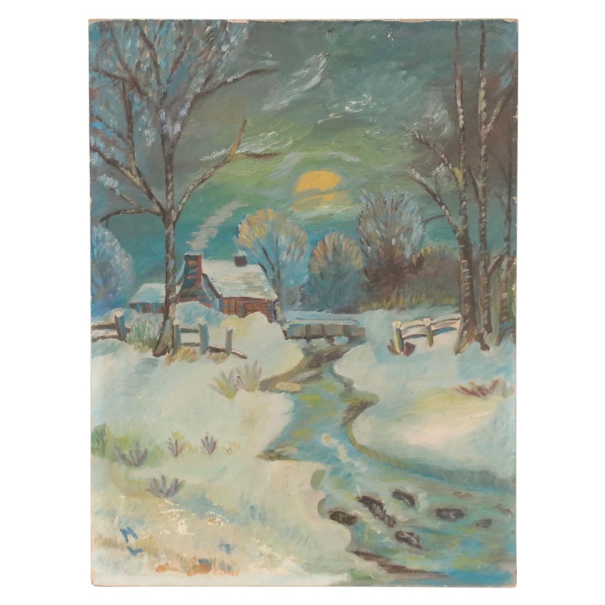 Landscape Oil Painting of Nighttime Winter Scene, Mid-Late 20th Century