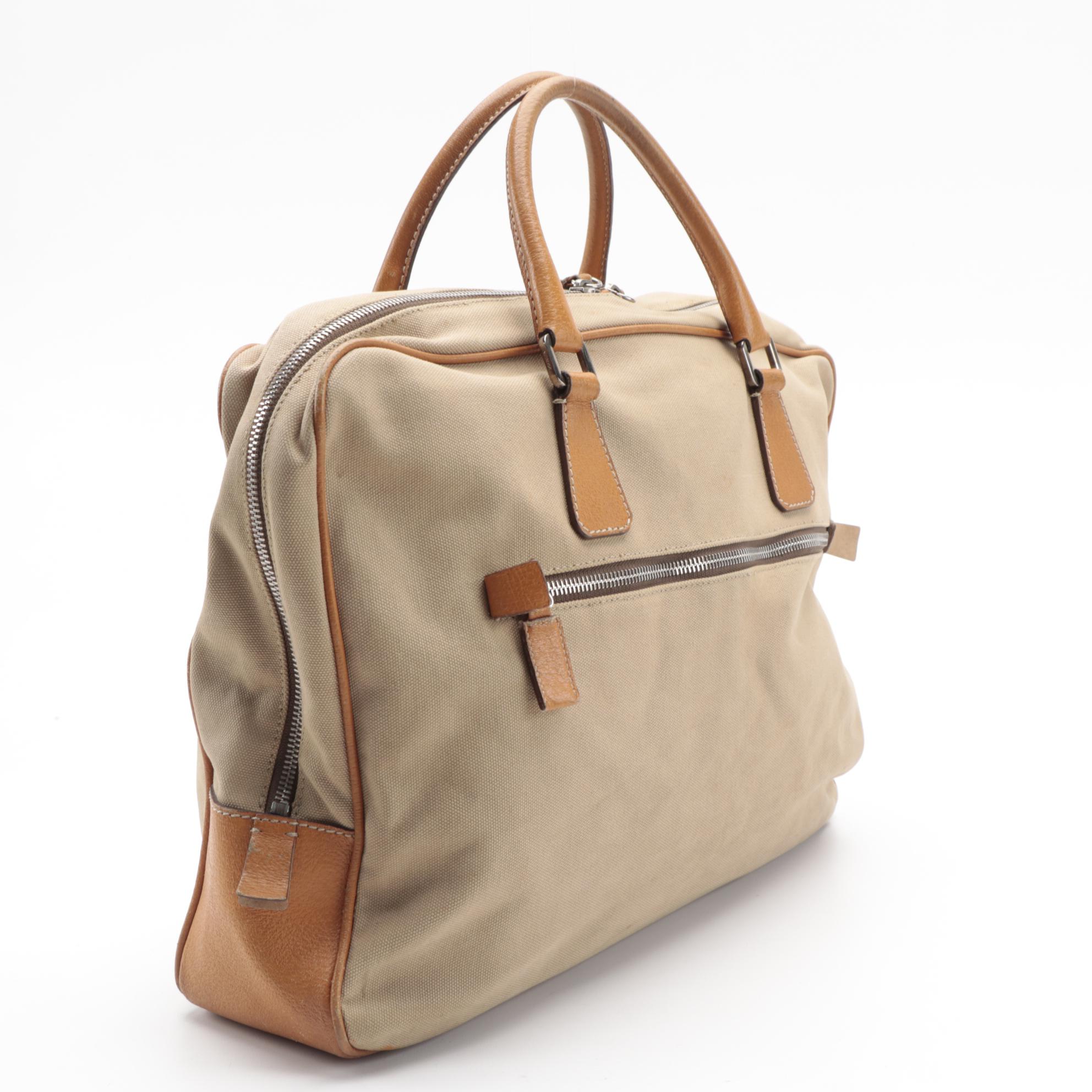 Prada Zippered Briefcase Bag in Canapa Canvas with Leather Trim