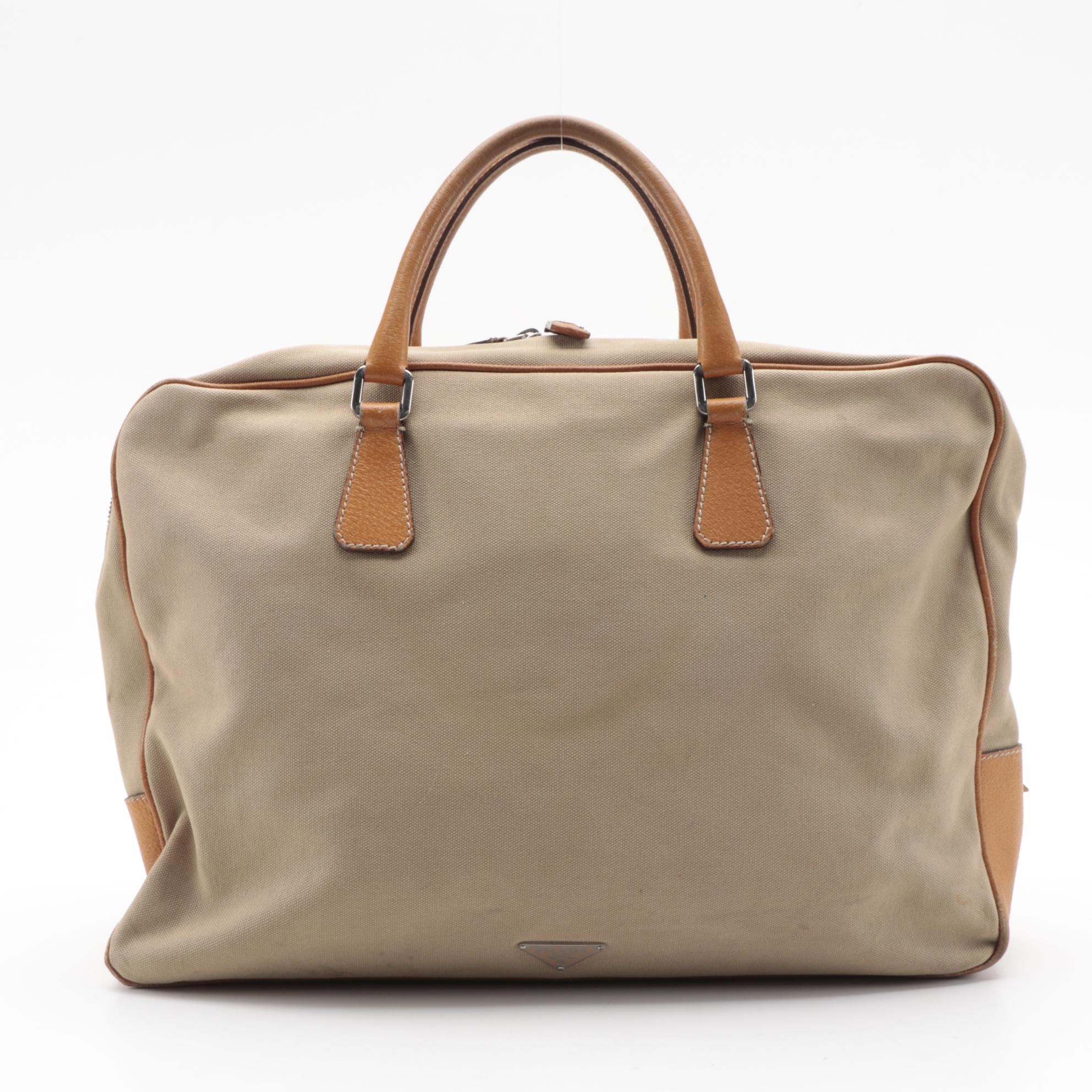 Prada Zippered Briefcase Bag in Canapa Canvas with Leather Trim