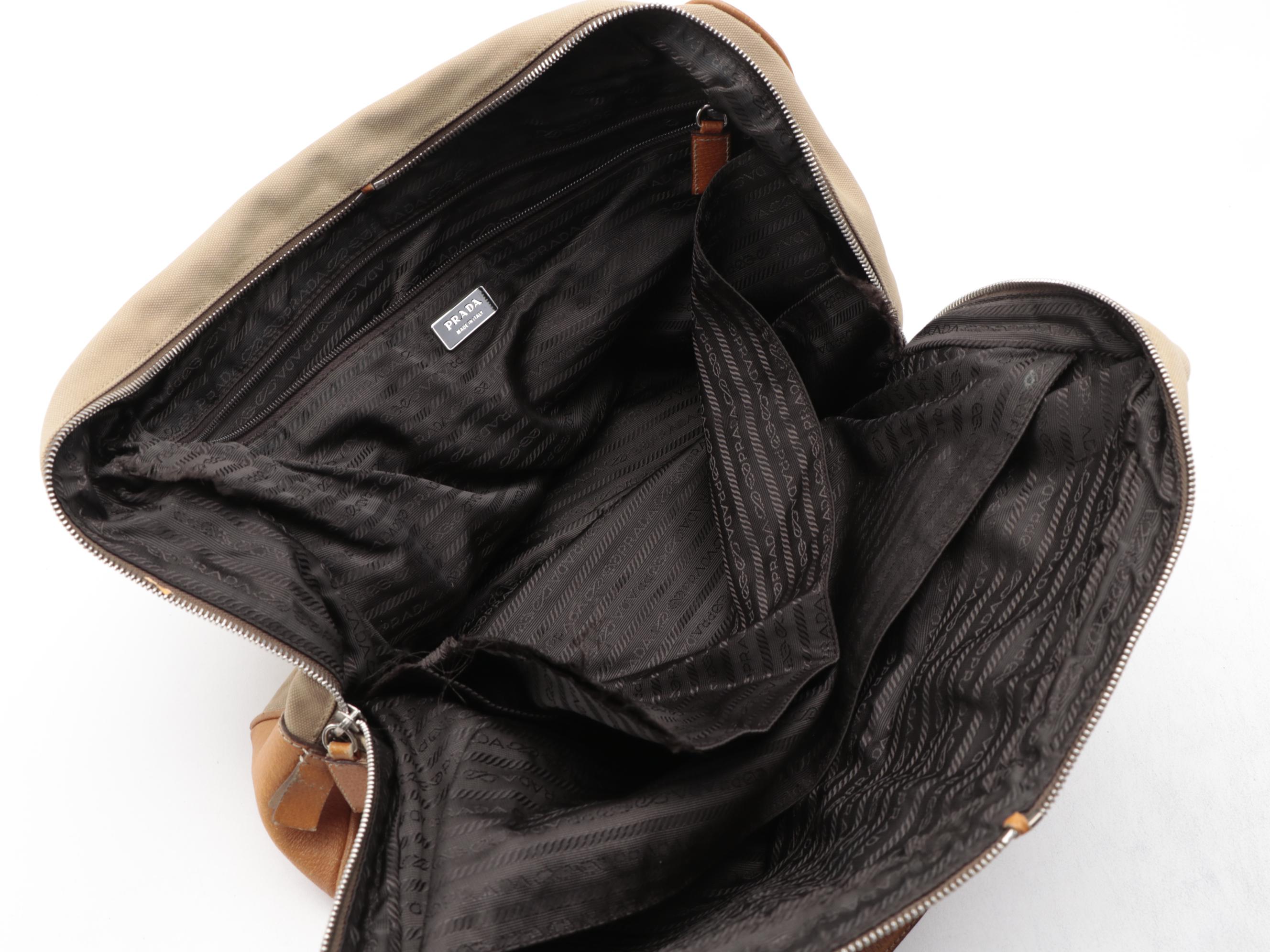 Prada Zippered Briefcase Bag in Canapa Canvas with Leather Trim