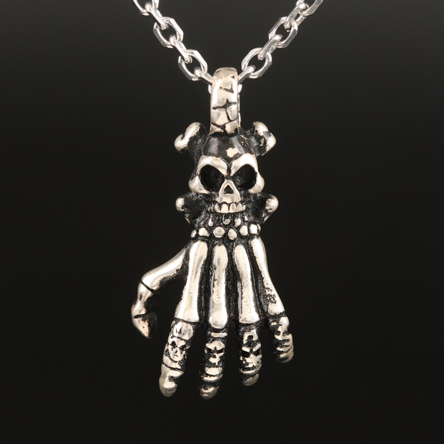 Sterling Skeleton Hand Pendant on Cable Chain Necklace