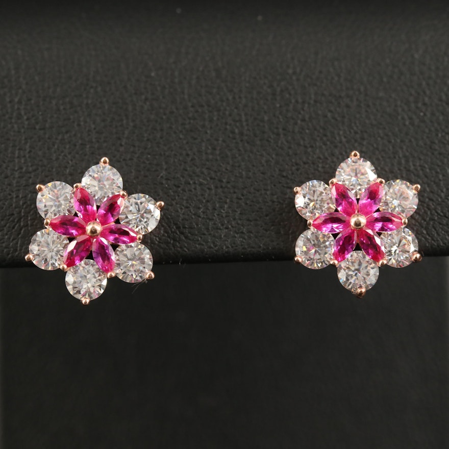 Sterling Flower Stud Earrings with Cubic Zirconia and Ruby