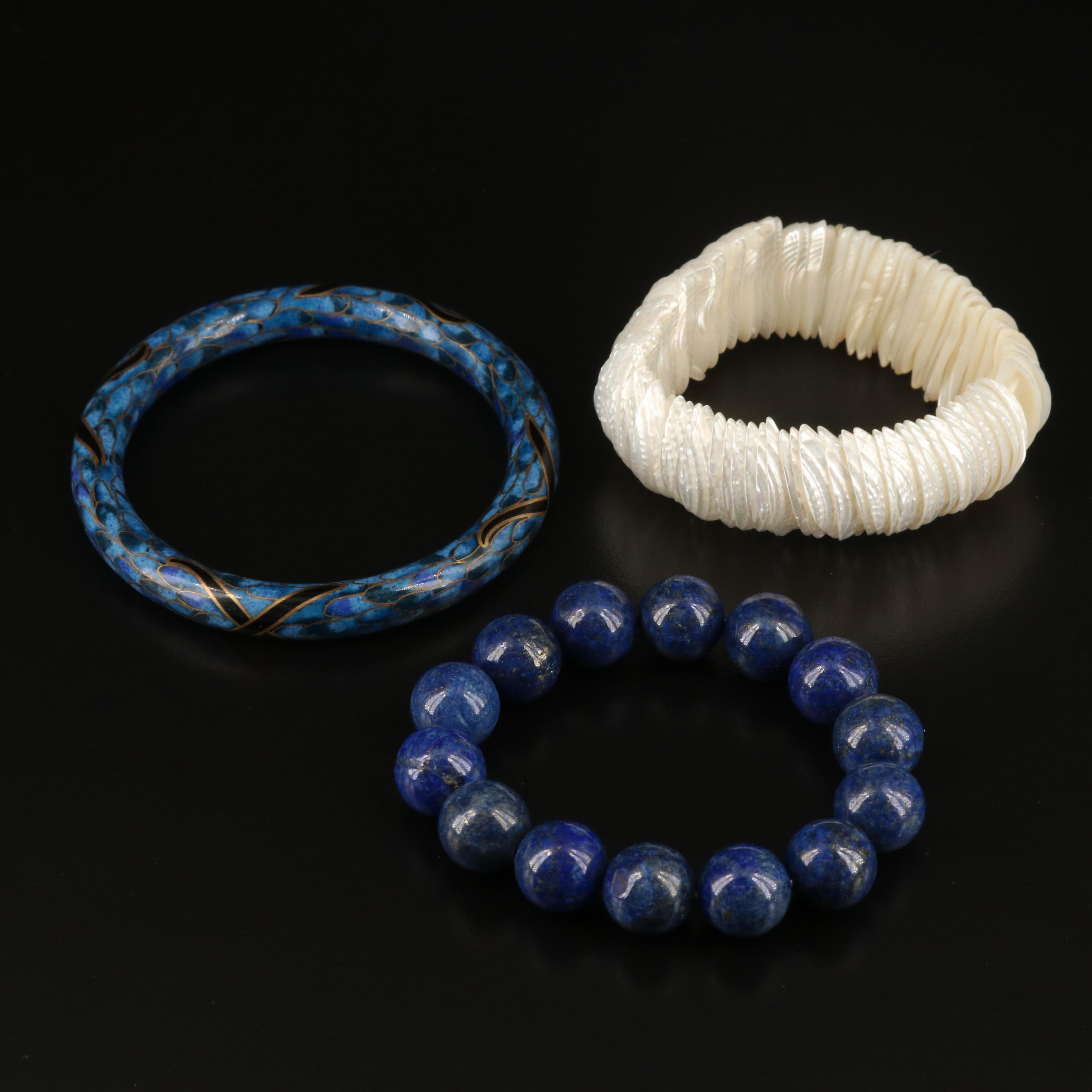 Shell and Lapis Lazuli Bracelets with Enameled Bangle