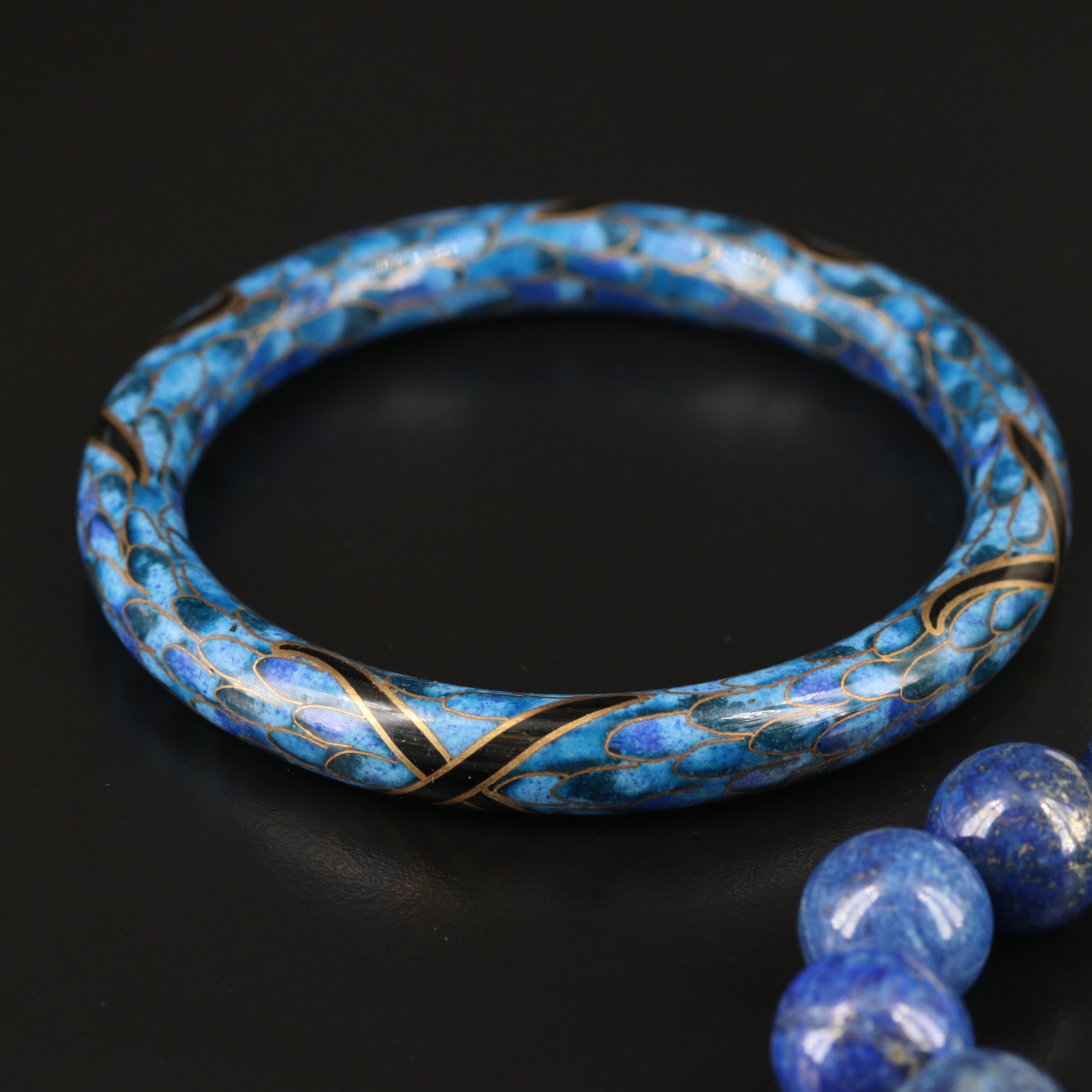 Shell and Lapis Lazuli Bracelets with Enameled Bangle