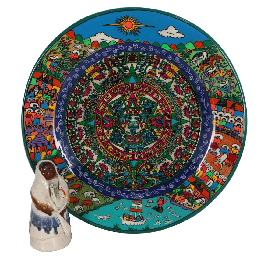 Aztec Inspired Plate with Figural Sculpture