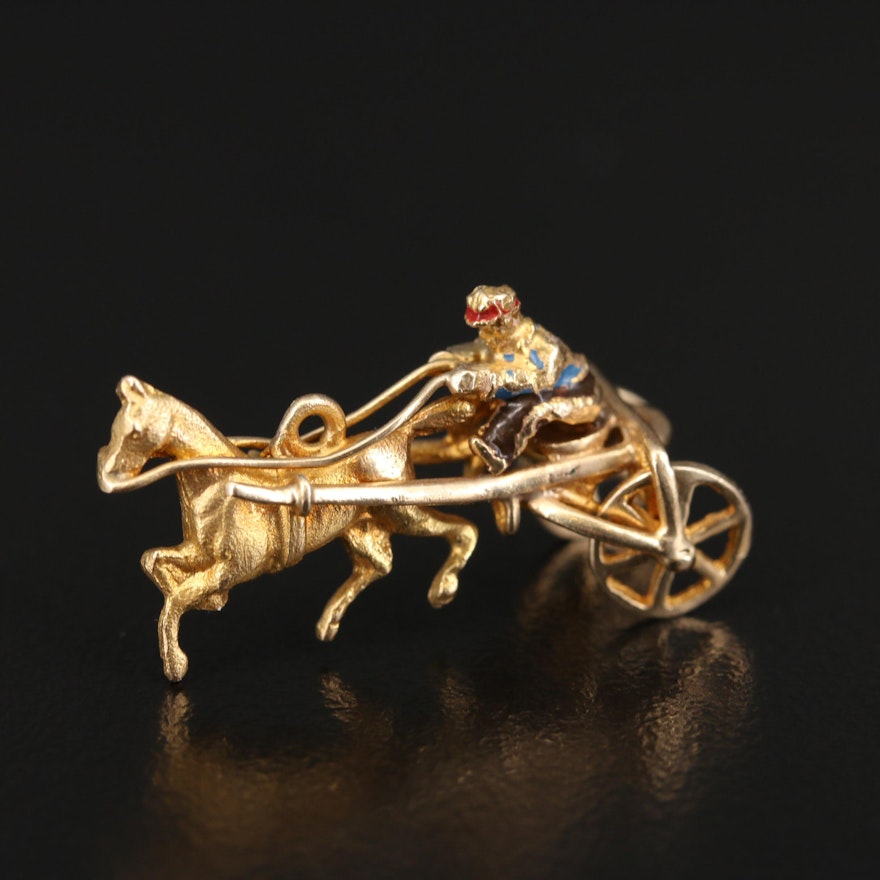 Vintage 14K and Enamel Racing Horse and Buggy Charm with Articulated Wheels