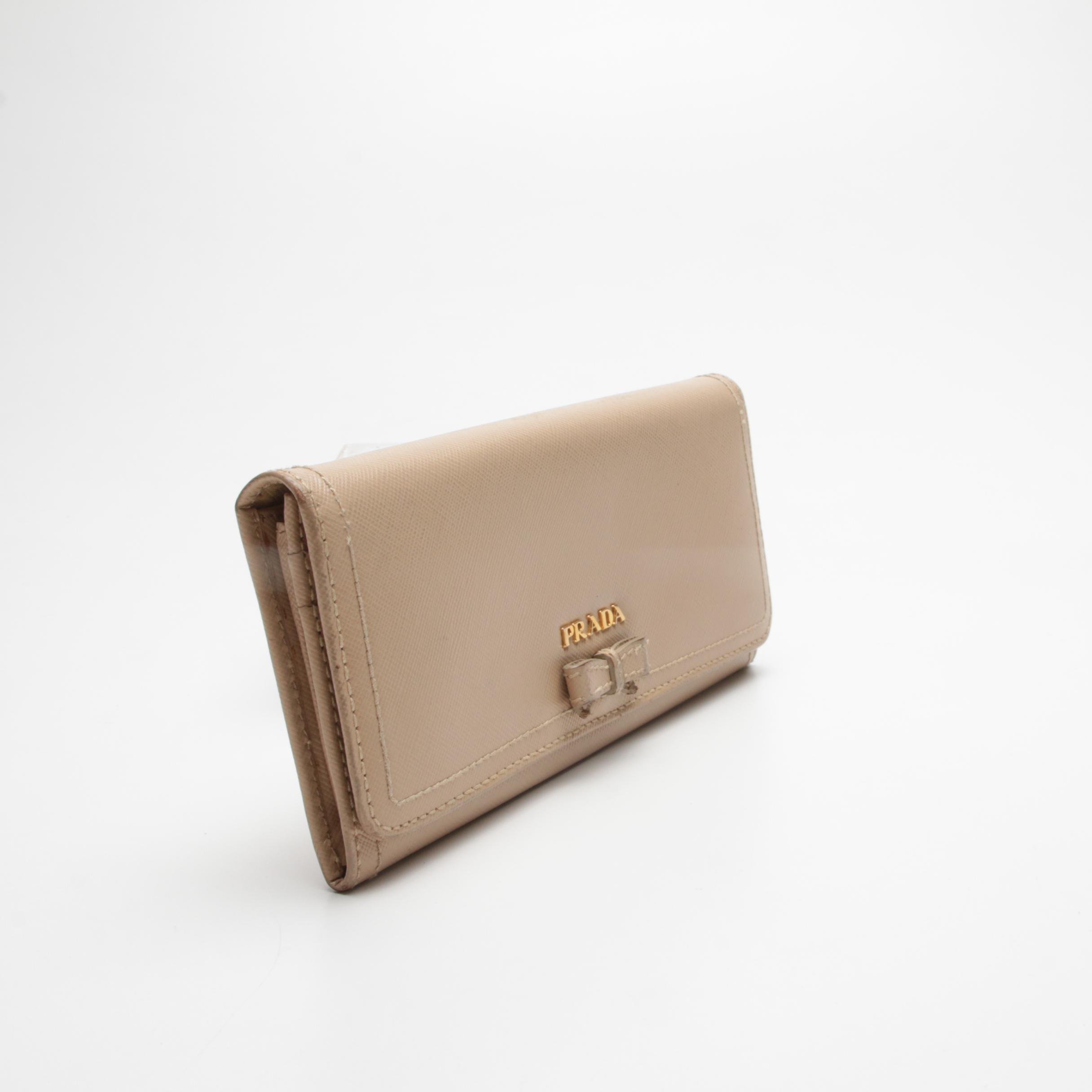 Prada Bow Flap Long Wallet in Nude Saffiano Leather