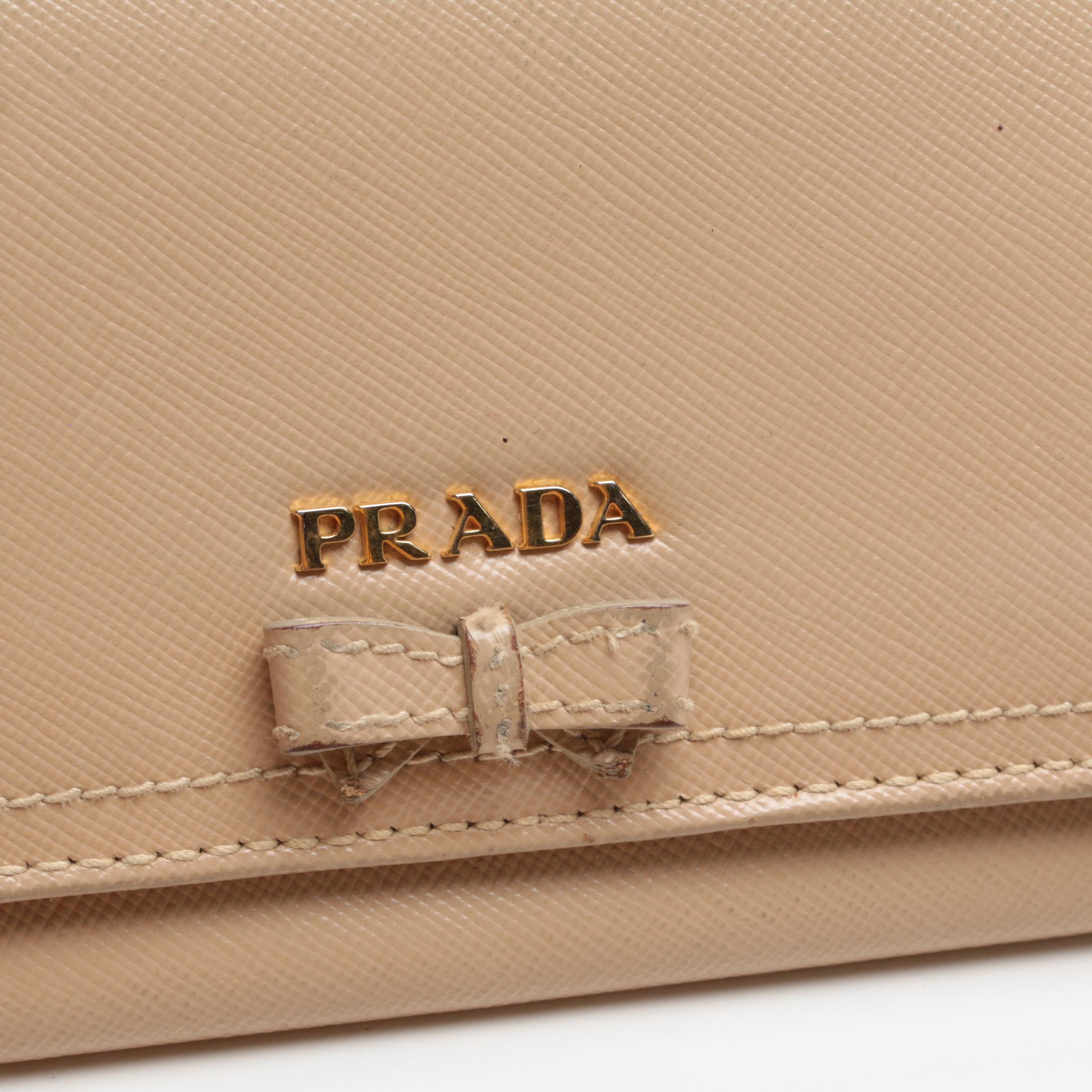 Prada Bow Flap Long Wallet in Nude Saffiano Leather