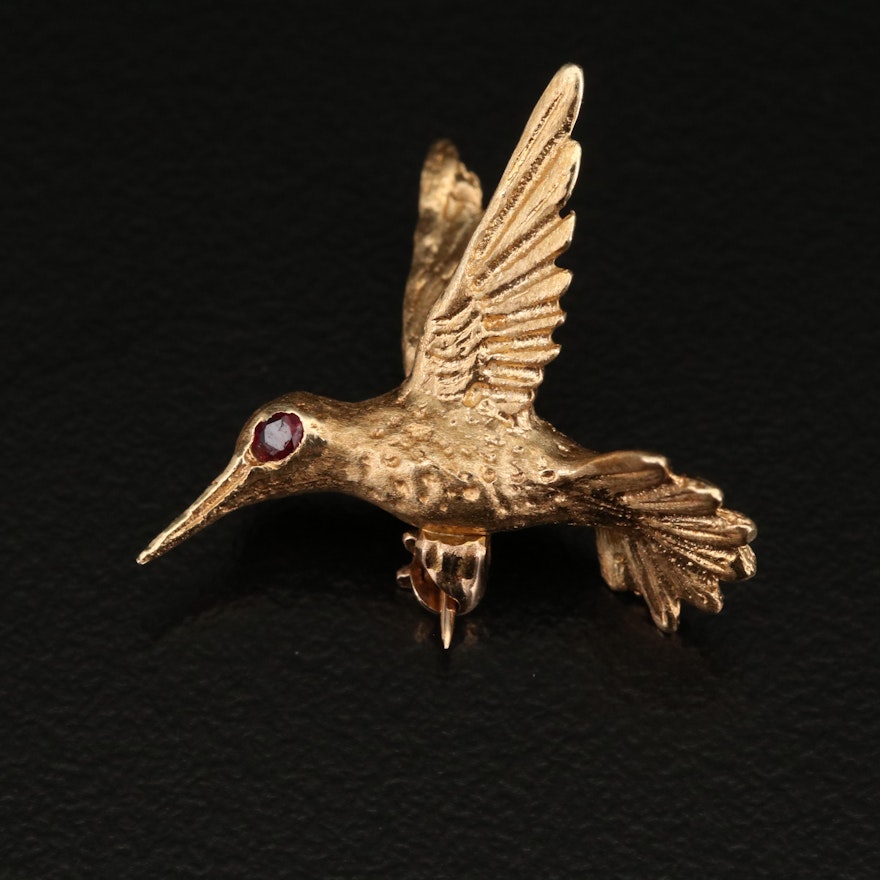 14K Hummingbird Brooch with Ruby Accent