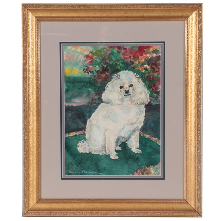 Belinda Gilliam Watercolor Painting of White Poodle, 21st Century