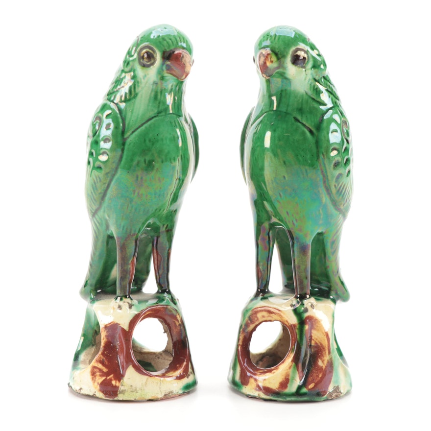 Pair of Green Glazed Chinese Parrots