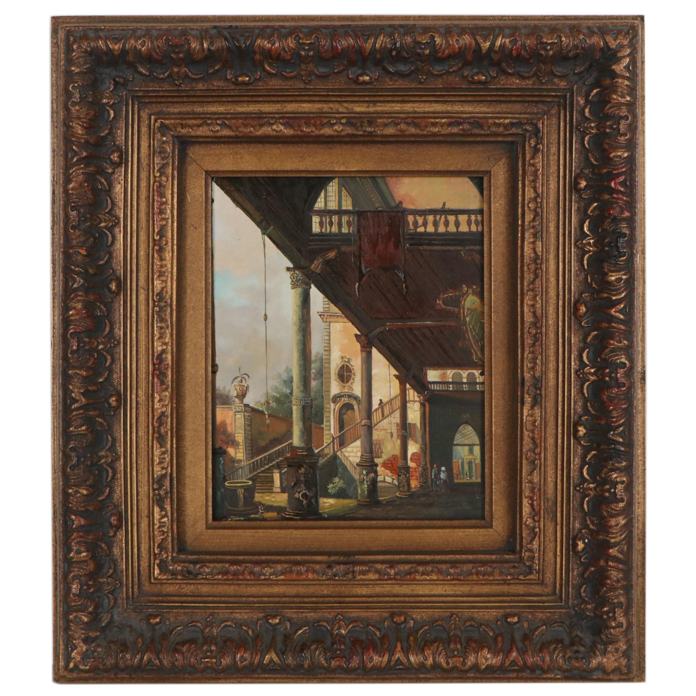 Oil Painting after Canaletto "Capriccio with Colonnade," 20th Century