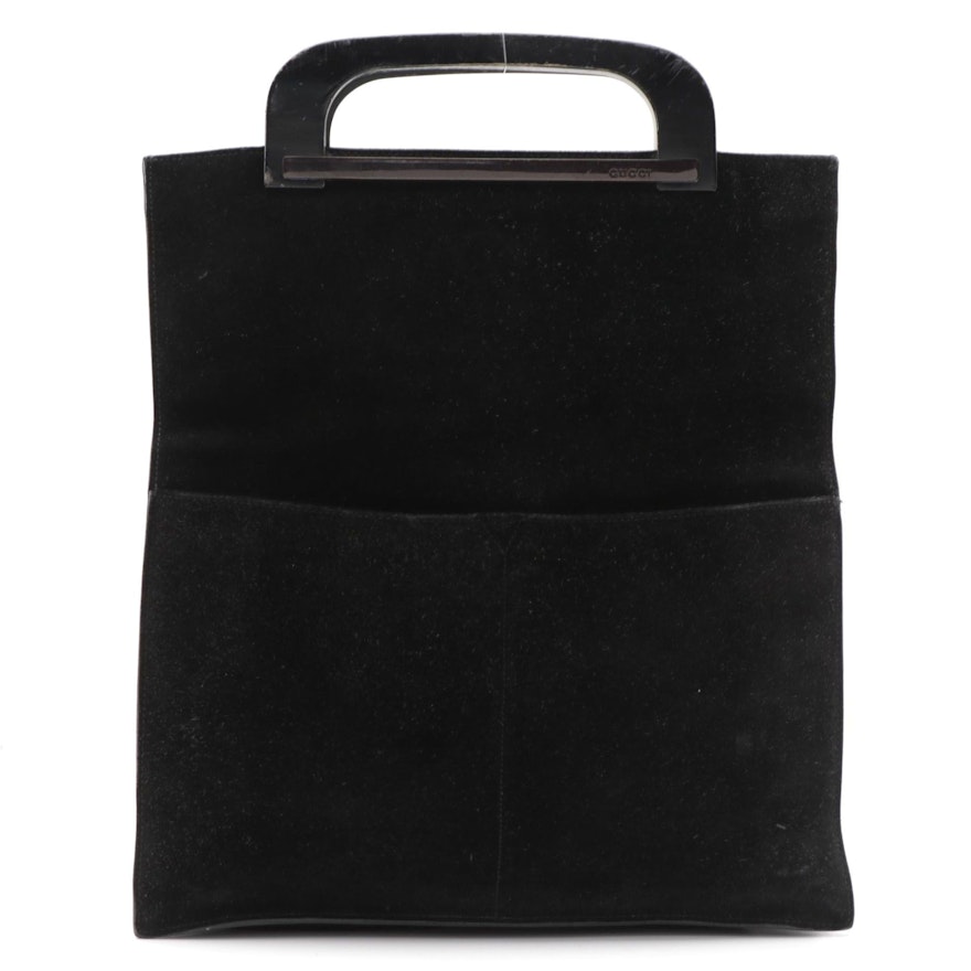 Gucci Black Suede Top Handle Bag with Wooden Handles