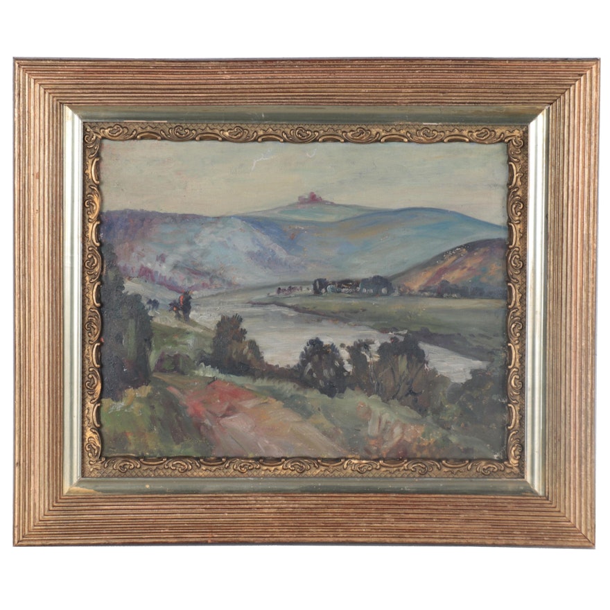 Valley Landscape Oil Painting, Early 20th Century