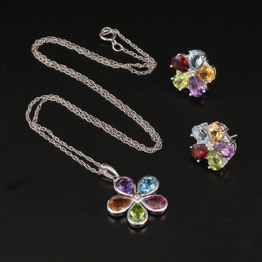 Sterling Diamond and Gemstone Earring and Necklace Set