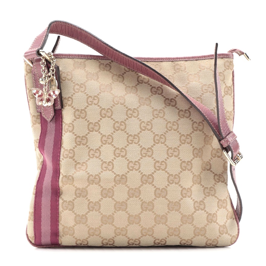 Gucci Jolicoeur Charms Messenger Bag in GG Canvas and Pink Leather Trim