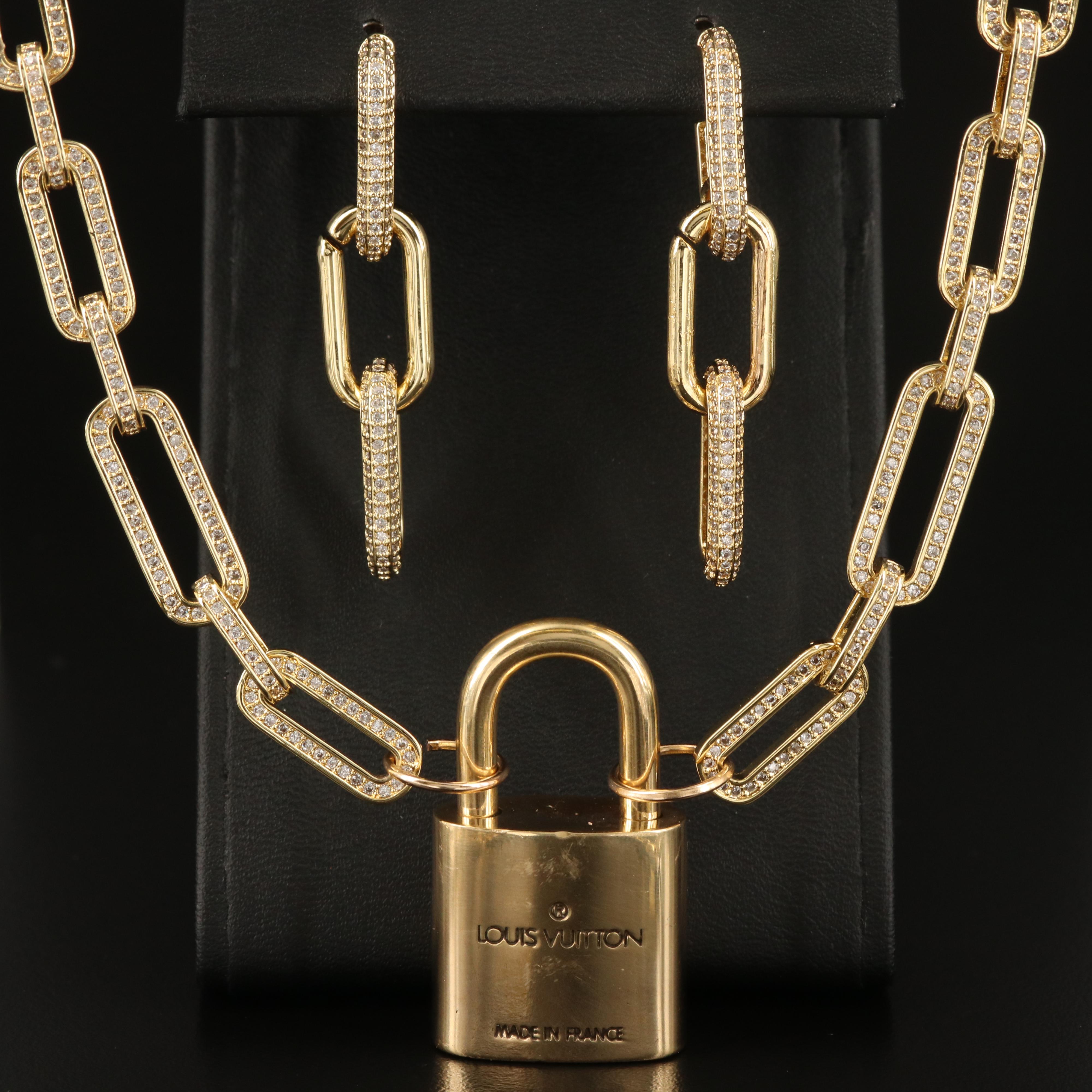 Louis Vuitton Lock on Embellished Paper Clip Link Necklace and Earring Set