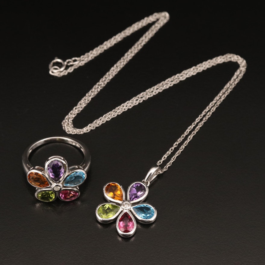 Sterling Floral Necklace and Ring Set Including Peridot, Topaz and Diamond