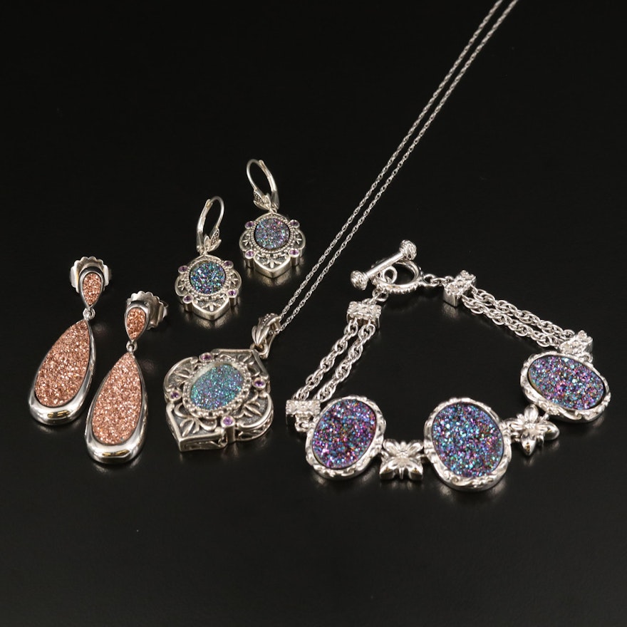 Stering Druzy Earrings, Bracelet and Necklace