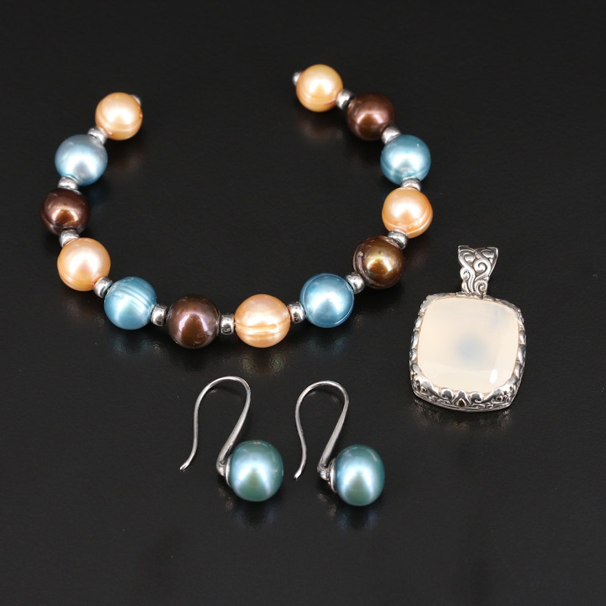Robert Manse Sterling and 18K Chalcedony Pendant with Pearl Cuff and Earrings