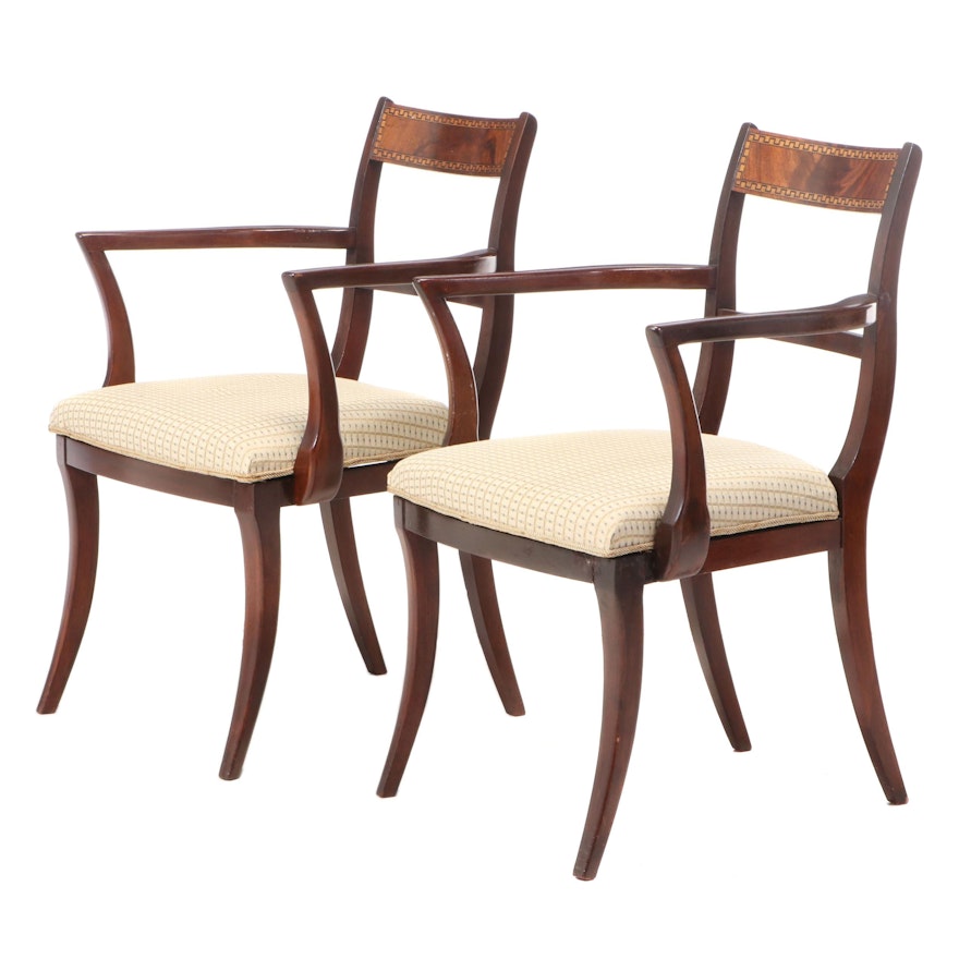 Pair of Neoclassical Style Mahogany and Marquetry Armchairs