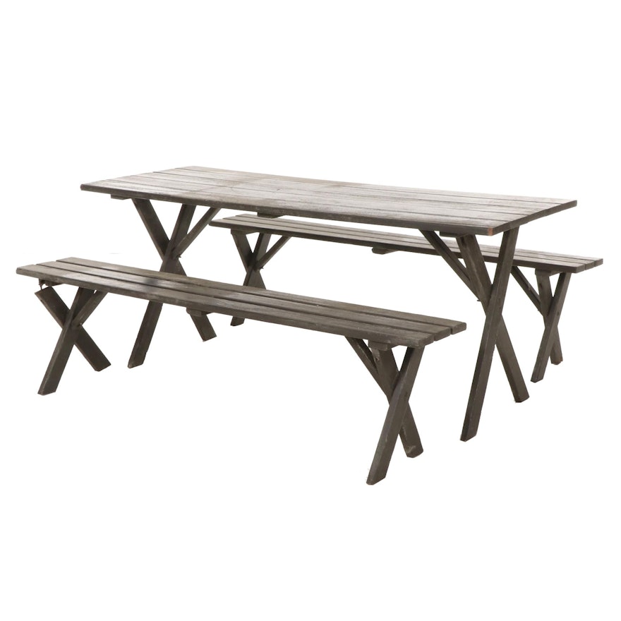 Painted Wood Picnic Table and Benches, Late 20th Century