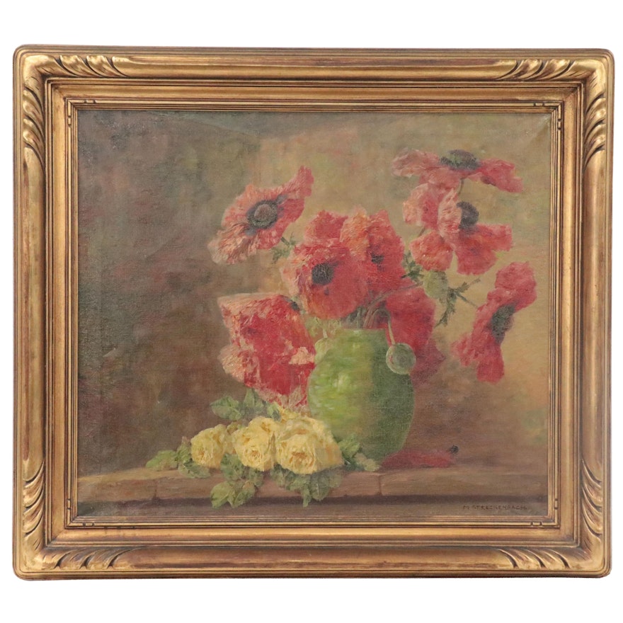 Max Streckenbach Still Life Oil Painting of Poppies, Early 20th Century