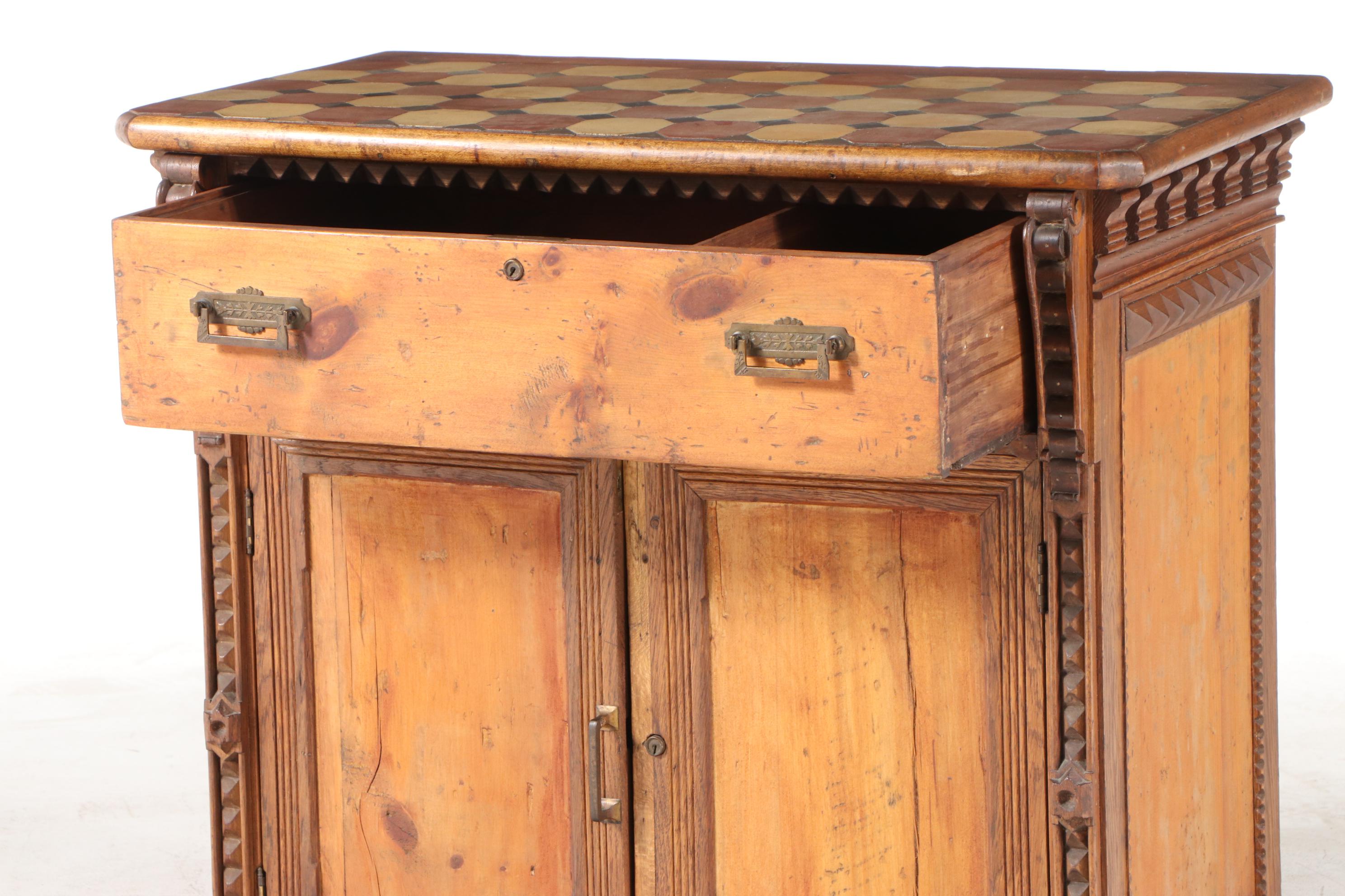 American Folk Art Pine, Oak, and Terra-Cotta Tile Side Cabinet