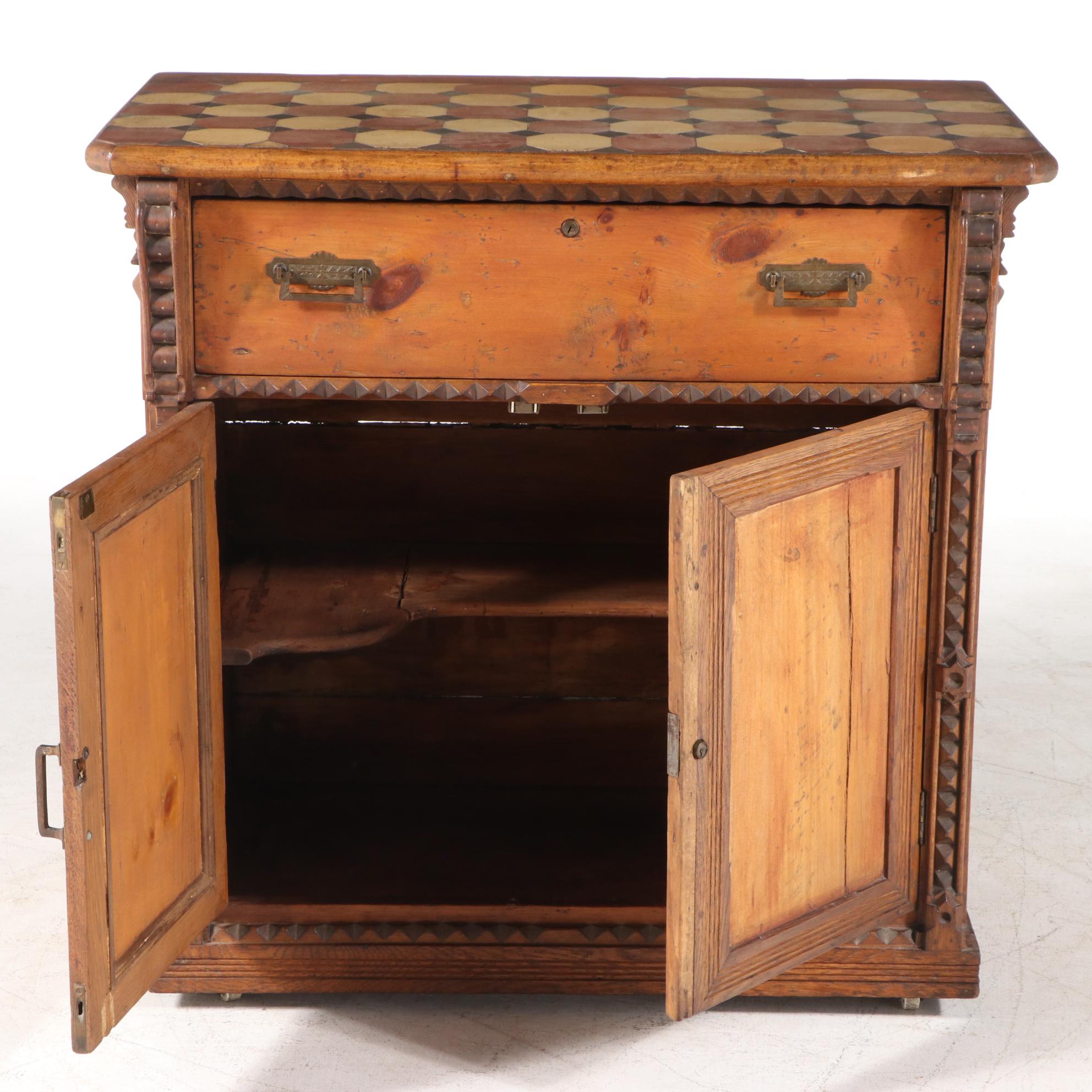 American Folk Art Pine, Oak, and Terra-Cotta Tile Side Cabinet