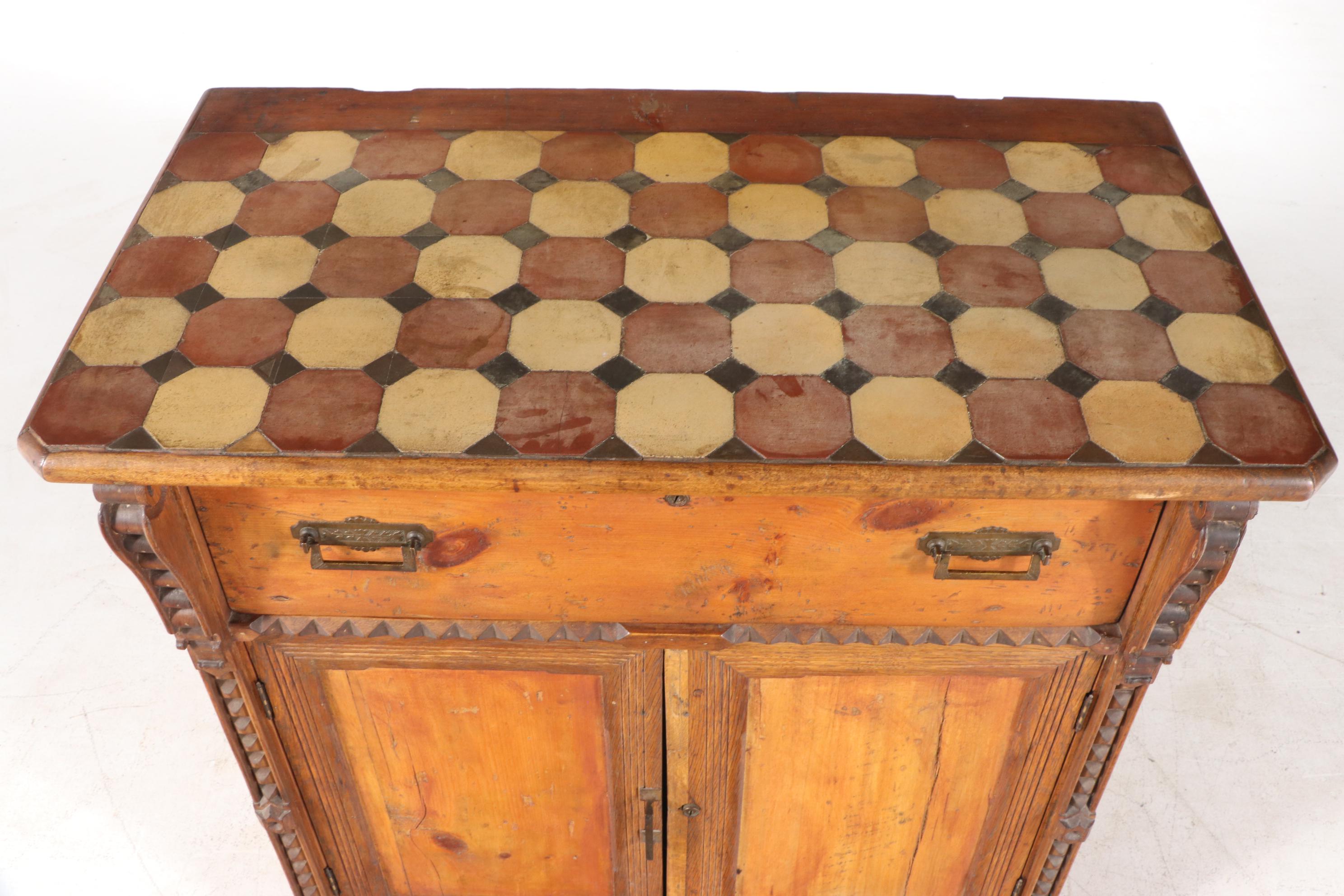 American Folk Art Pine, Oak, and Terra-Cotta Tile Side Cabinet