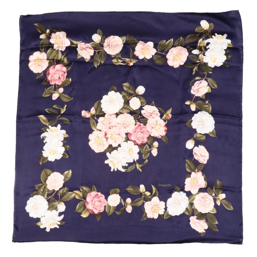 Chanel Camellia Flower Silk Jacquard Scarf in Navy/Multicolor