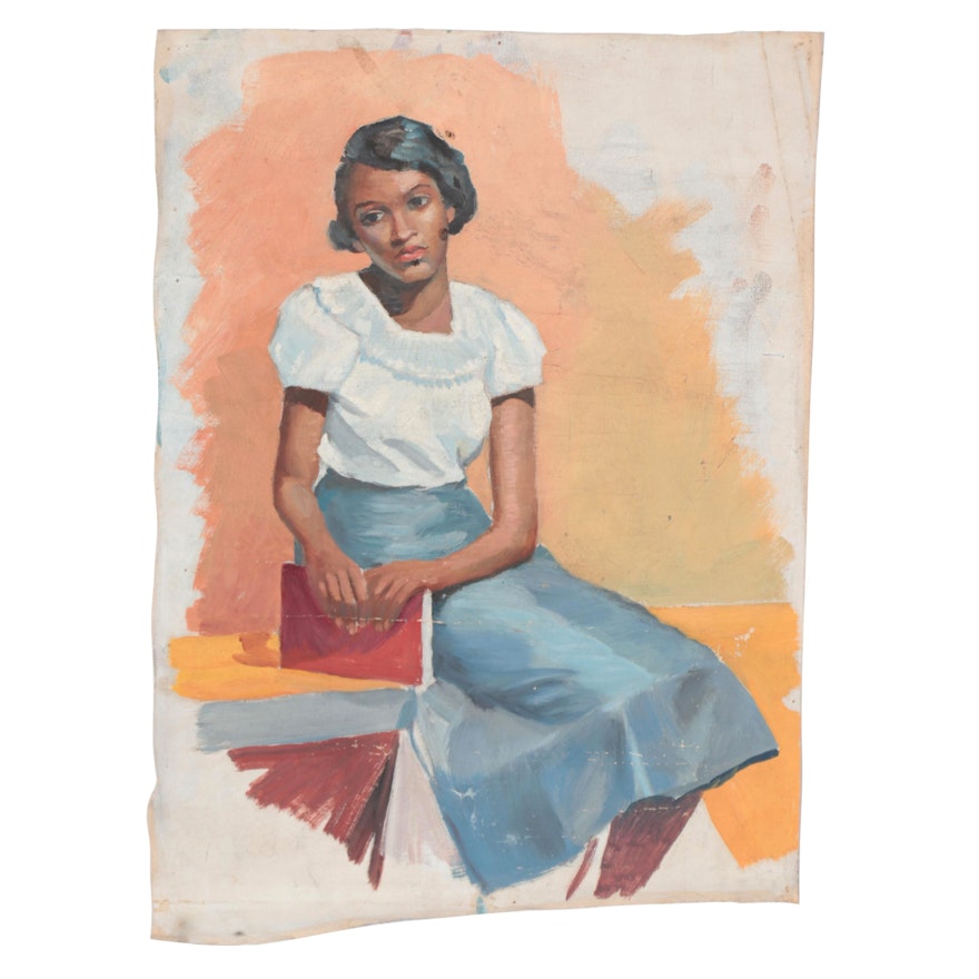 Figurative Style Oil Painting of Young Woman in Blue Skirt, 20th Century