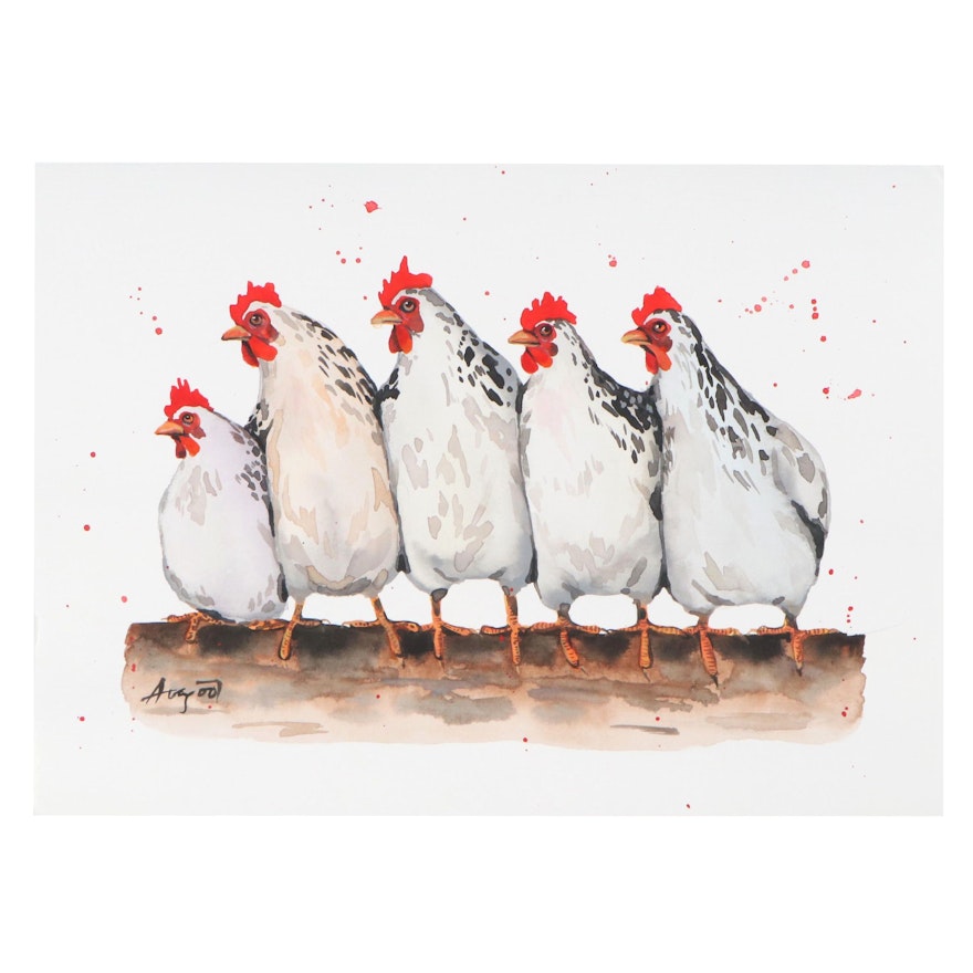 Anne Gorywine Watercolor Painting of Chickens