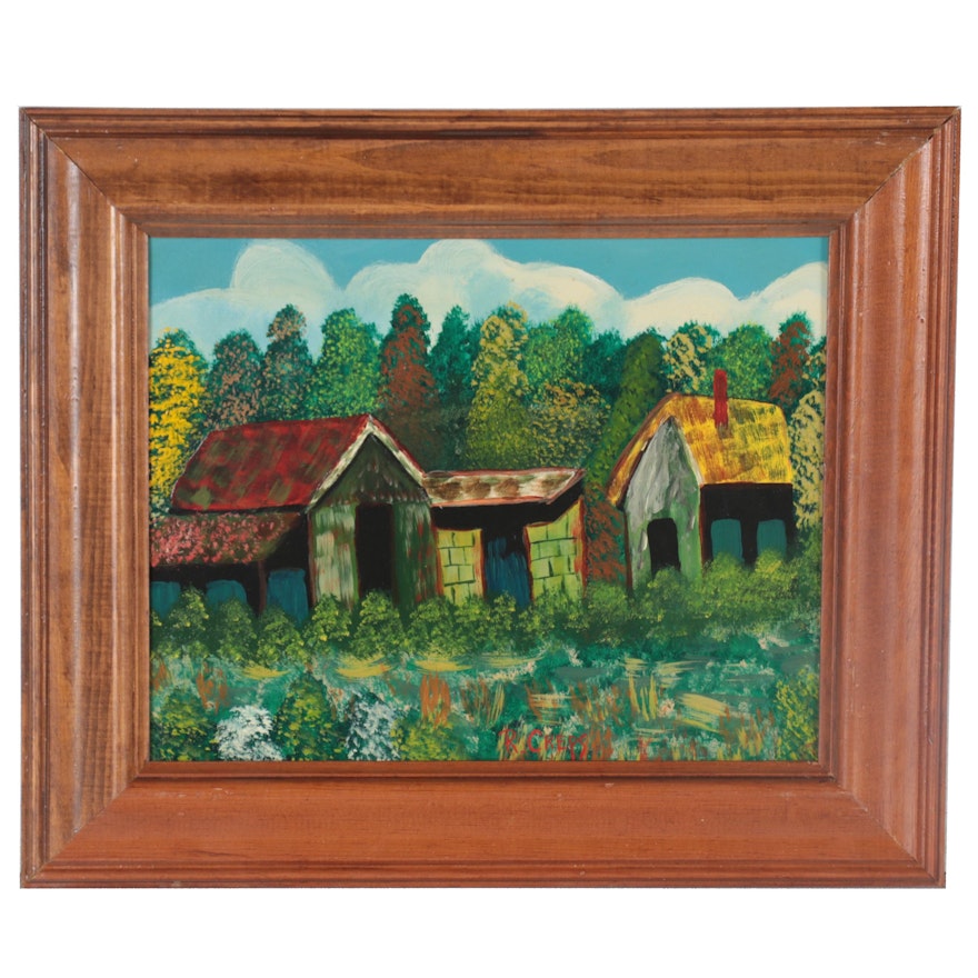 Acrylic Painting of Houses in the Woods, Late 20th Century