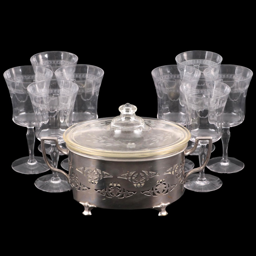 Pyrex Etched Glass Casserole Dish with Silver Plate Holder and Glass Goblets