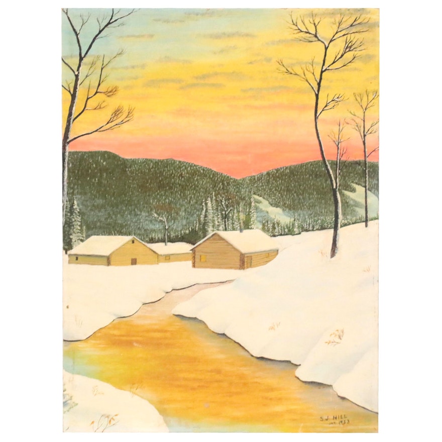 S.J. Hill Landscape Oil Painting of Winter Scene, 1953