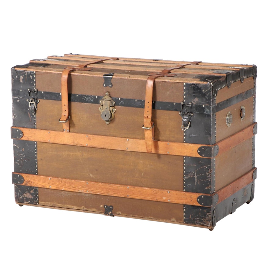 Late Victorian Metal-Bound, Canvas-Lined, and Oak-Slatted Steamer Trunk