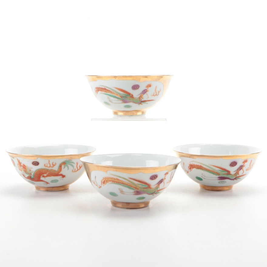 Chinese Gilt Porcelain Rice Bowls with Phoenix and Dragon Motif